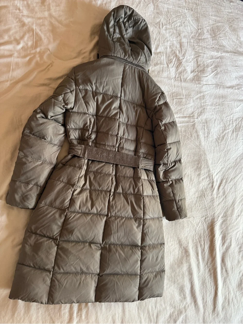 Cole Haan Signature Hooded Belted Down Puffer Long Coat Taupe Brown, Small